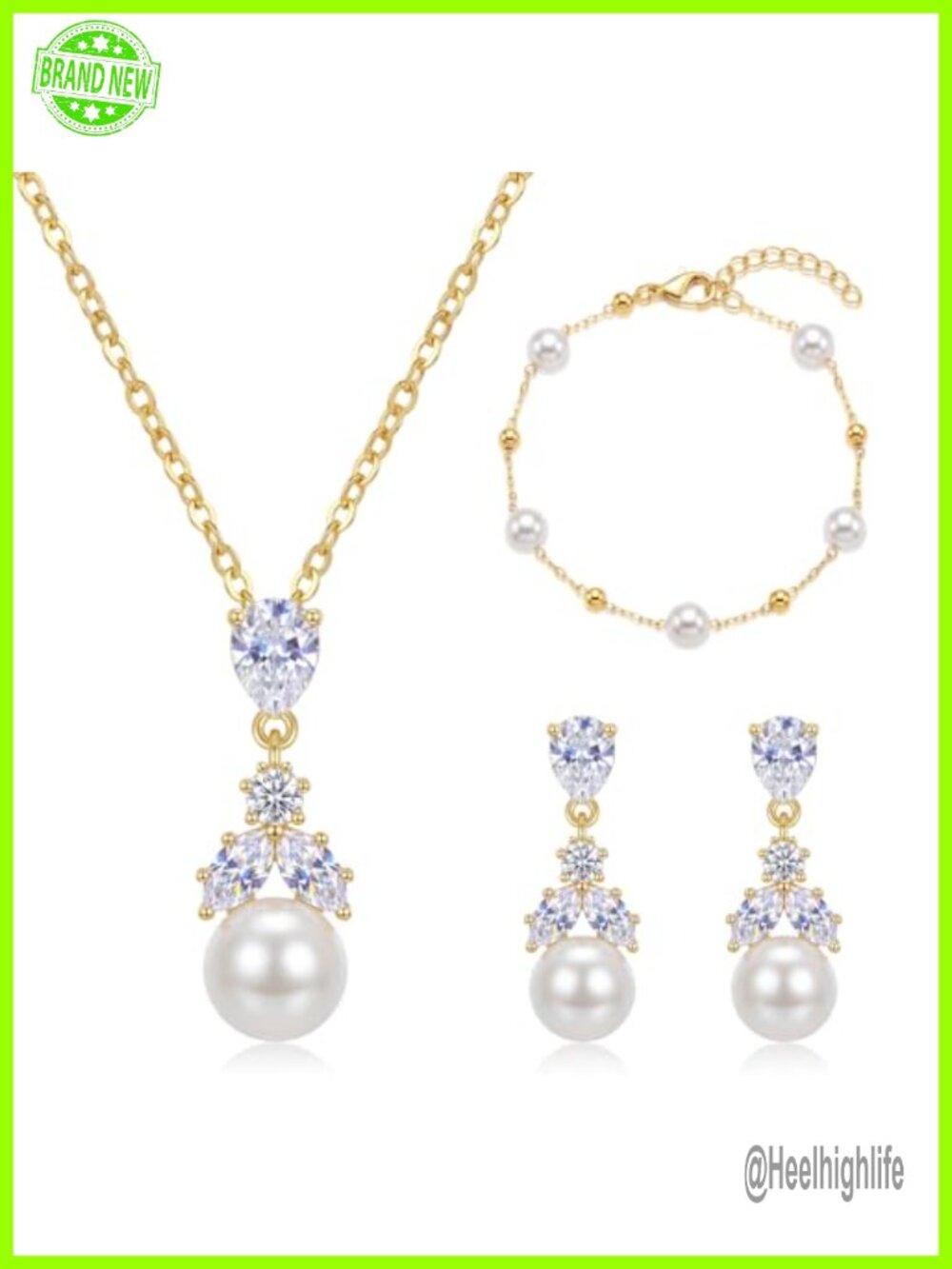 18k Gold Plated Cubic Zirconia Pearl Jewelry Set Necklace Earrings Bracelet